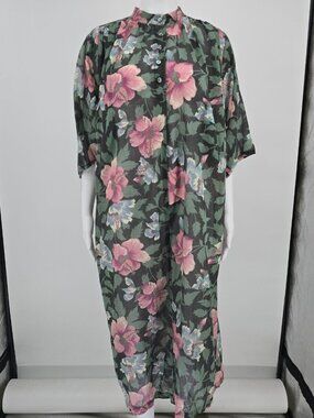 Vintage 1980s Victoriana Black/Green Sheer Floral Gauze Coverup/Midi Dress (OS)